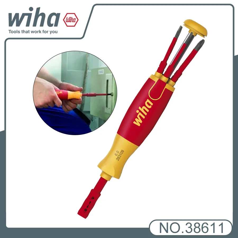 WIHA 6-In-1 1000V Insulated Electrician Screwdriver with Bit Magazine LiftUp Screwdriver with 6 SlimBits 166 Grams 38611 tools