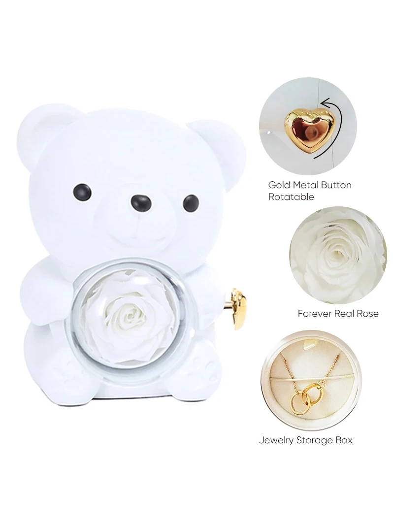 2024 New Birthday Gift idea Rotating Eternal Rose Teddy Bear Jewelry Box with Engraved Name OO Round Necklace for Girl Boy Mom