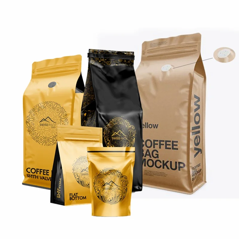 Sacos De Embalagem De Café De Folha De Alumínio, Oito lados de selagem plana inferior, Produto personalizado, 125G 500G 1Kg 250G