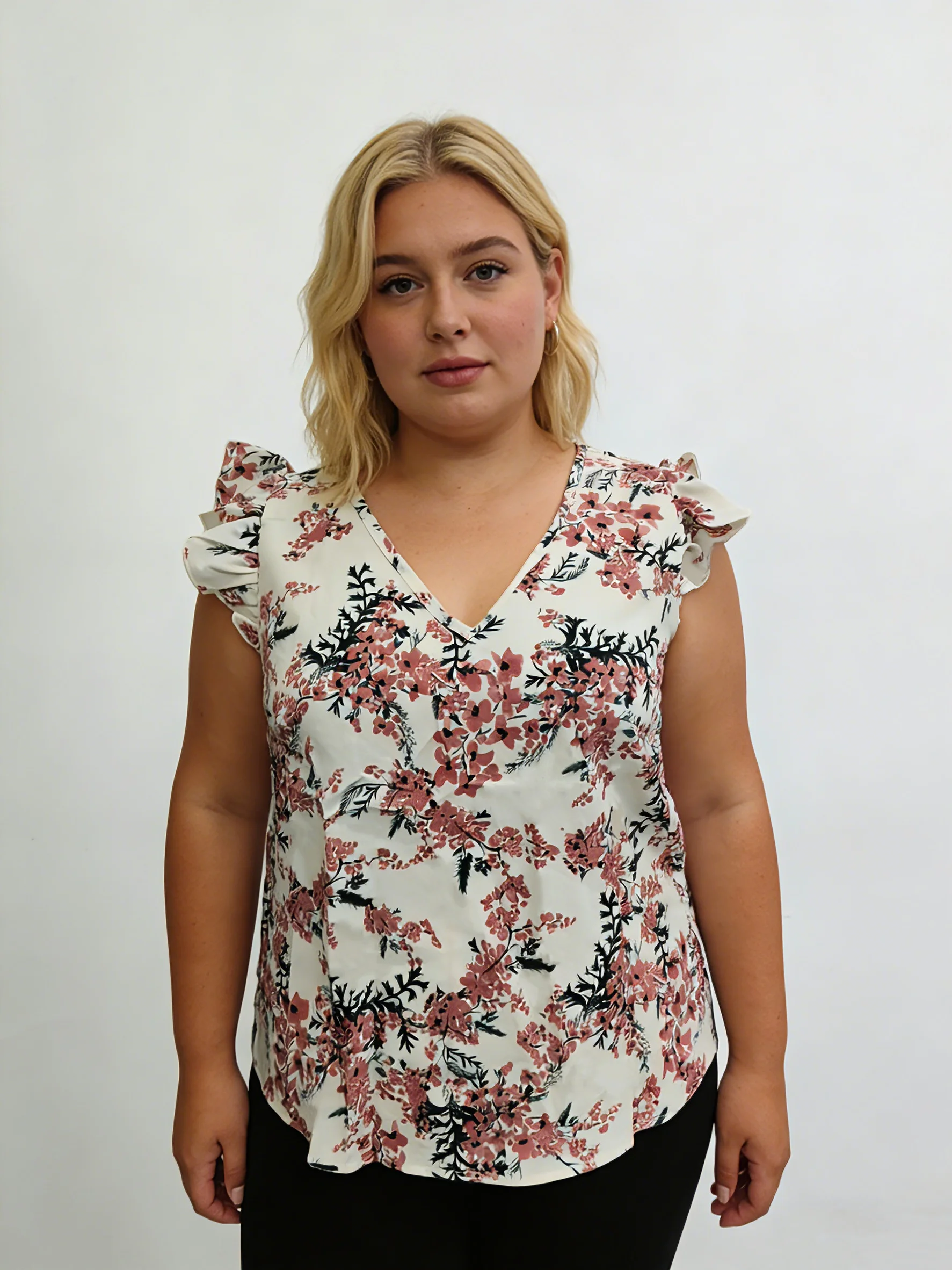 

Блузка больших размеров с белым цветочным принтом, свободный повседневный летний топ с V-образным вырезом и рукавами-крылышками с рюшами