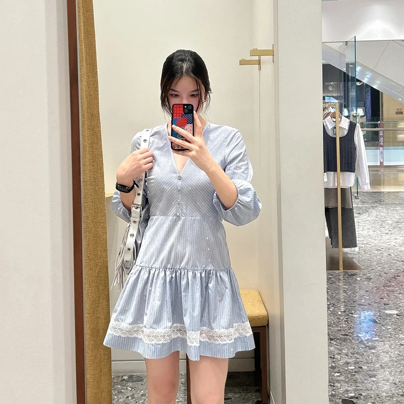 

Women's Light Blue Striped Sequin Lace Trim Short Skirt Dress Fashion Set V-neck Long Sleeve Girls' Style Autumn Collection