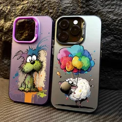 Graffiti Dog Sheep Matte Laser Phone Case For iPhone 13 Pro Max 15 13 12 11 XS X XR 7 8 14 Plus 15 Lens Protection Plating Cover