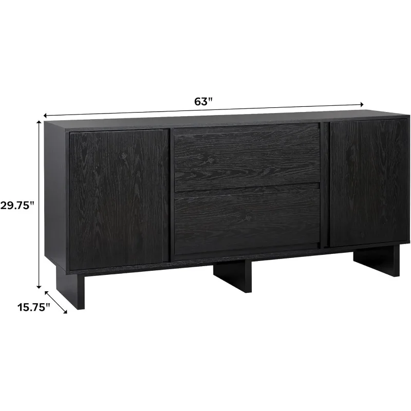 Modern Beveled 2-Door, 2-Drawer Sideboard, 63 Inch, Black，home.