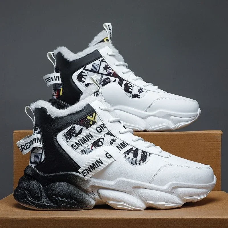 Youth Student Men's Winter Fleece Lined Thickened High Top Sneakers Trendy Lace Up Versatile Basketball Running Fashion Shoes