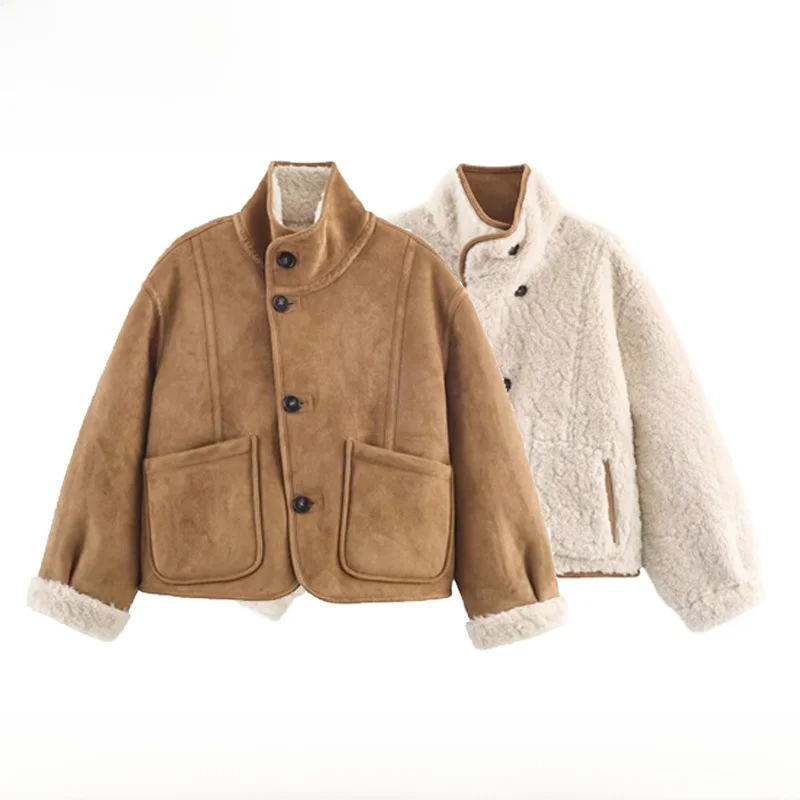 

EVEA New Women's Faion Double-Sided Wear Jaet Outerwear 638254 Polyester Long Sve ort Coat Warm Straight Cut