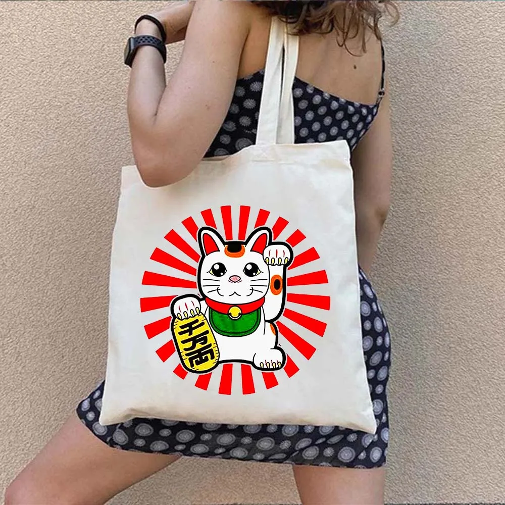 TOKYO JAPAN Maneki Neko Cute Japanese Lucky Cat Mount Fuji Janpan Style Kyoto Geisha Canvas Totes Bag Shopping Shoulder Handbags