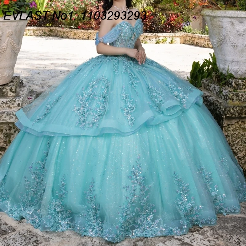 

EVLAST Customized Mint Green Off Shoulder Quinceanera Dress Lace Applique Beading Tiered Sweet 16 Vestidos De 15 Anos E1Q594