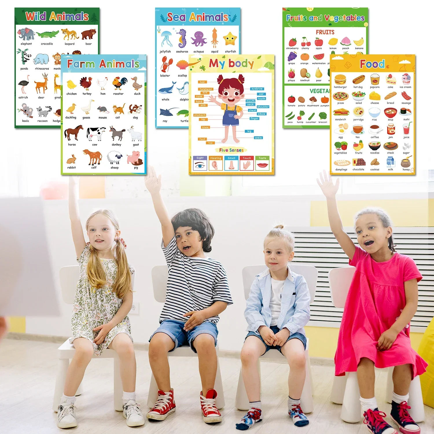 Lachilly 20 Themes Learning English A4 Poster for Kids Fruit Color Animal Body Big Card Baby Learning School Classroom Decora