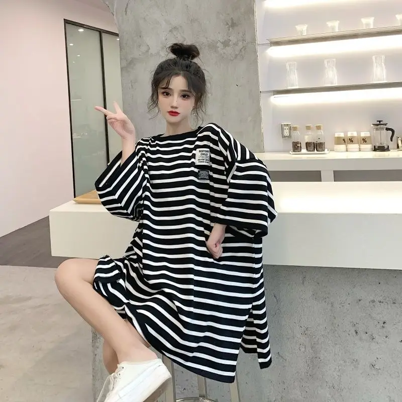 Striped Plus Size Casual SimplicityT Shirt Summer Fashion Korean Short Sleeve O-Neck Medium and Long T-shirt Skirts Streetwear