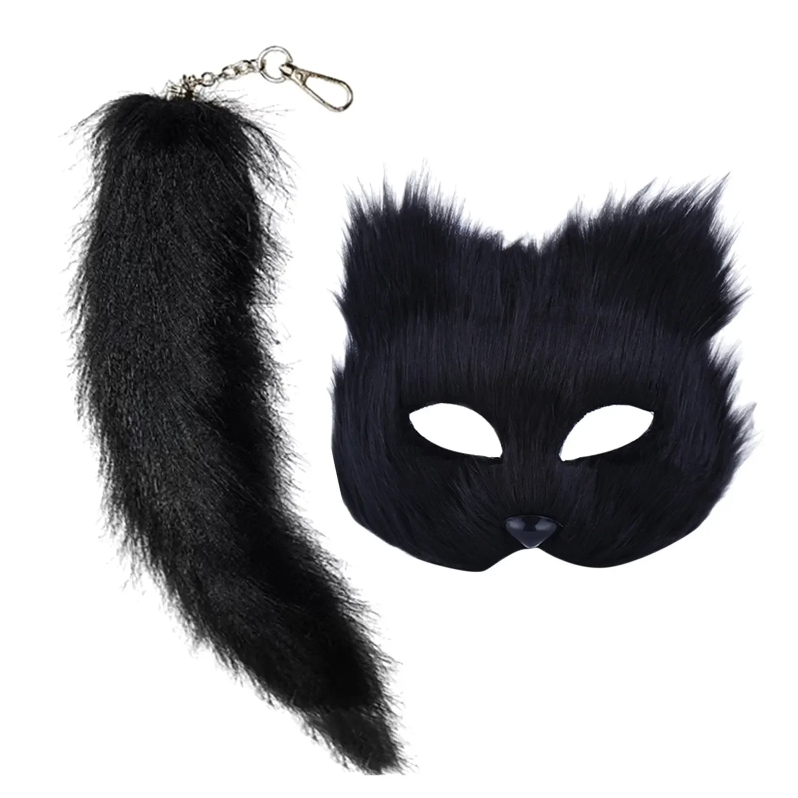 Mask and Tail Set Fuzzy Cats Foxes Wolf Mask Tail Halloween Cosplays Costume Halloween Cosplays Stage Costume 2024