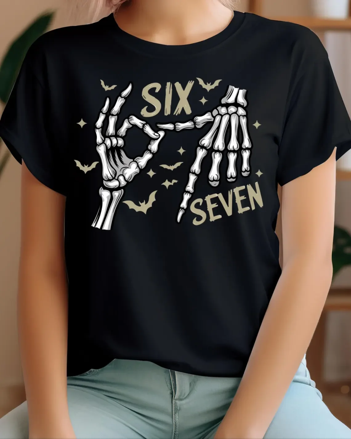 Six Seven 6 7 Meme Funny Skeleton Hands T Shirts Men Women