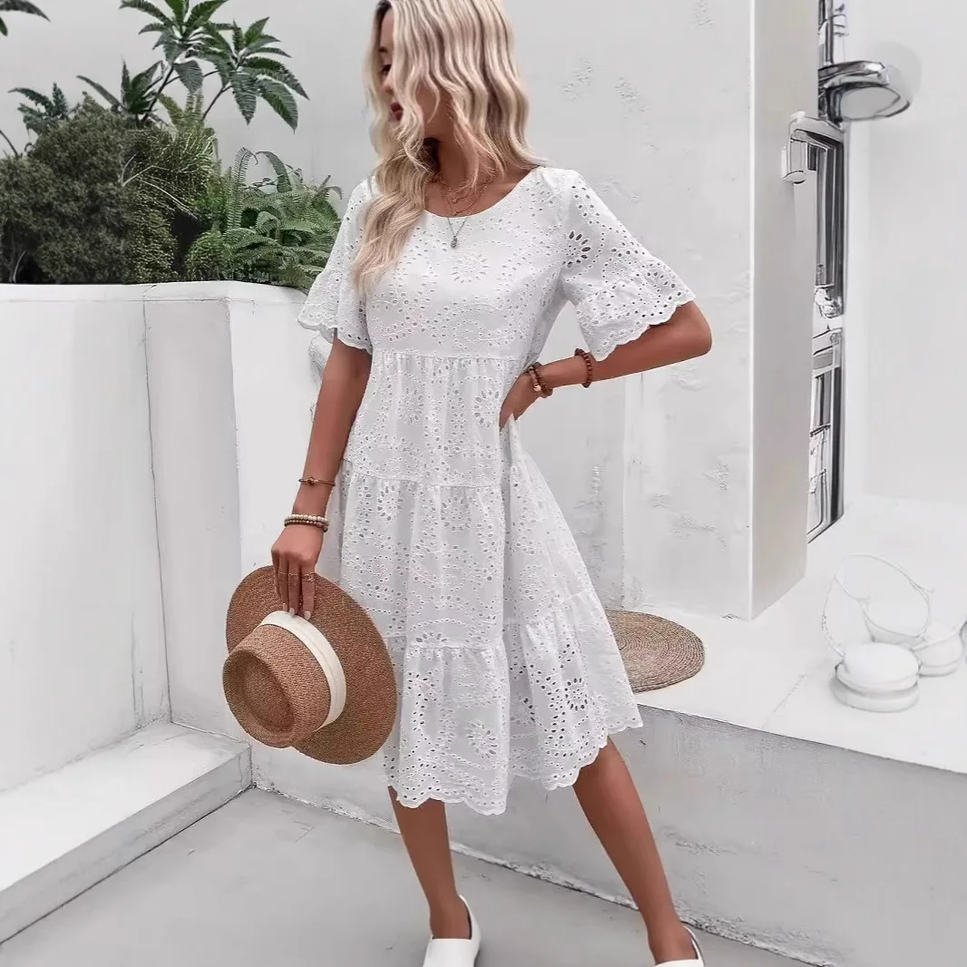 

2025 New Fashion Ruffled Lace Dress Women Summer Casual Loose Solid Color Round Neck Trumpet Sleeve Dresses For Women