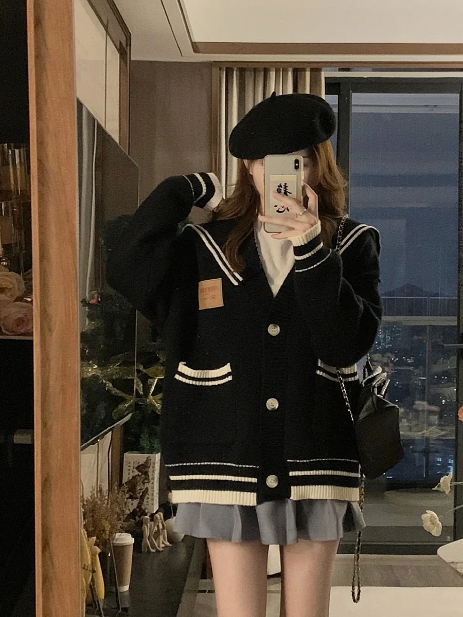 

Detachable Navy Collar Knitwear Outerwear Large Size Women's Design College Sle Loose Slimming Top Warmth Heating Autumn Wi...