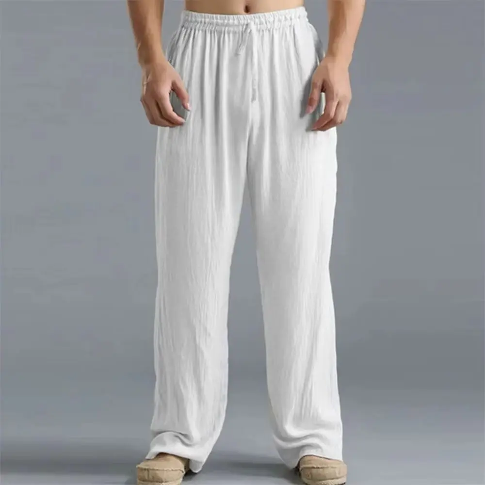 

Мужские хлопковые льняные брюки прямого кроя, легкие, дышащие, в пляжном стиле, однотонные, повседневные, уютные спортивные штаны