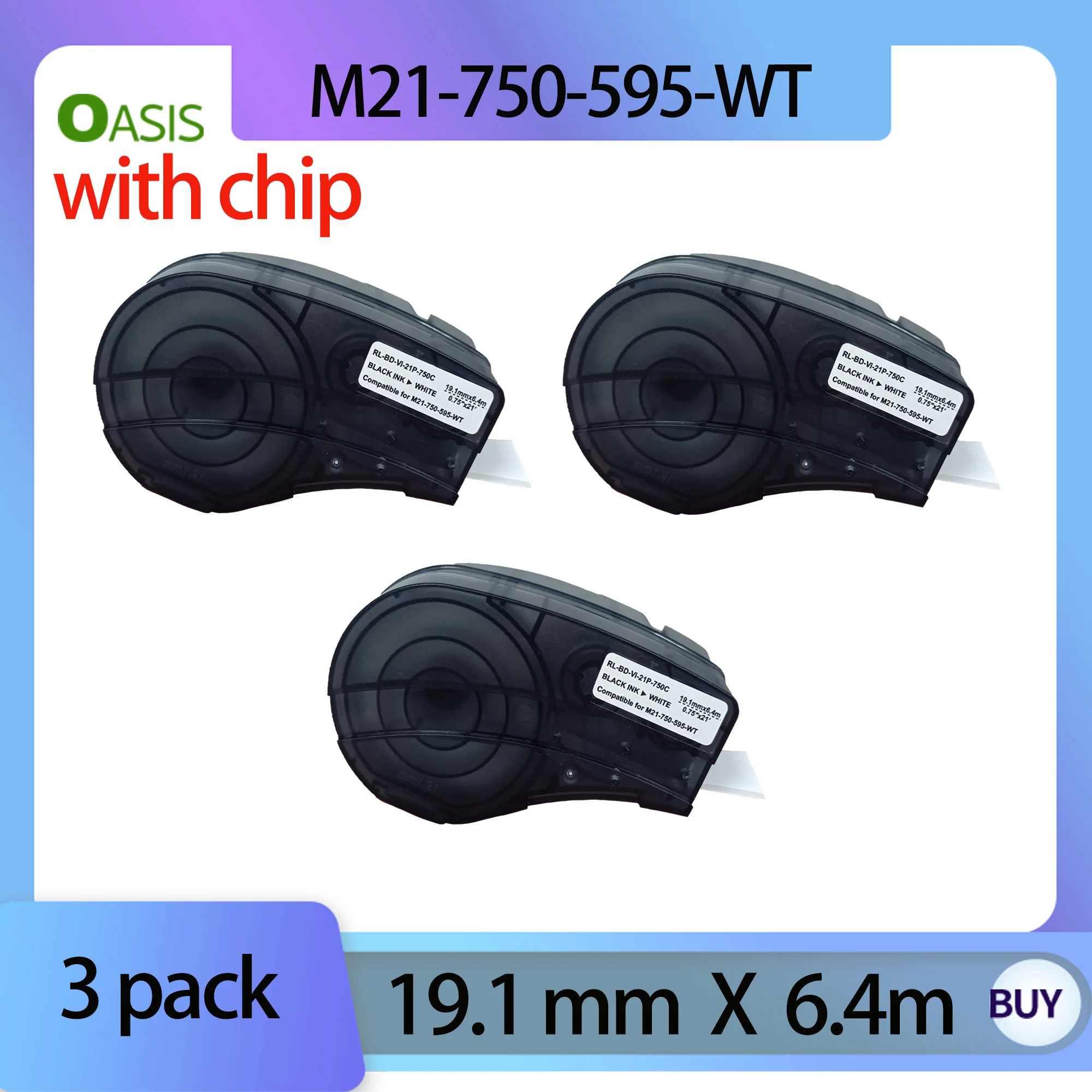 

3 pack New Version CHIP Compatible for Brady M210-LAB Label Printer M21-750-595 19.1mm Black on White 3/4' Vinyl Label tape