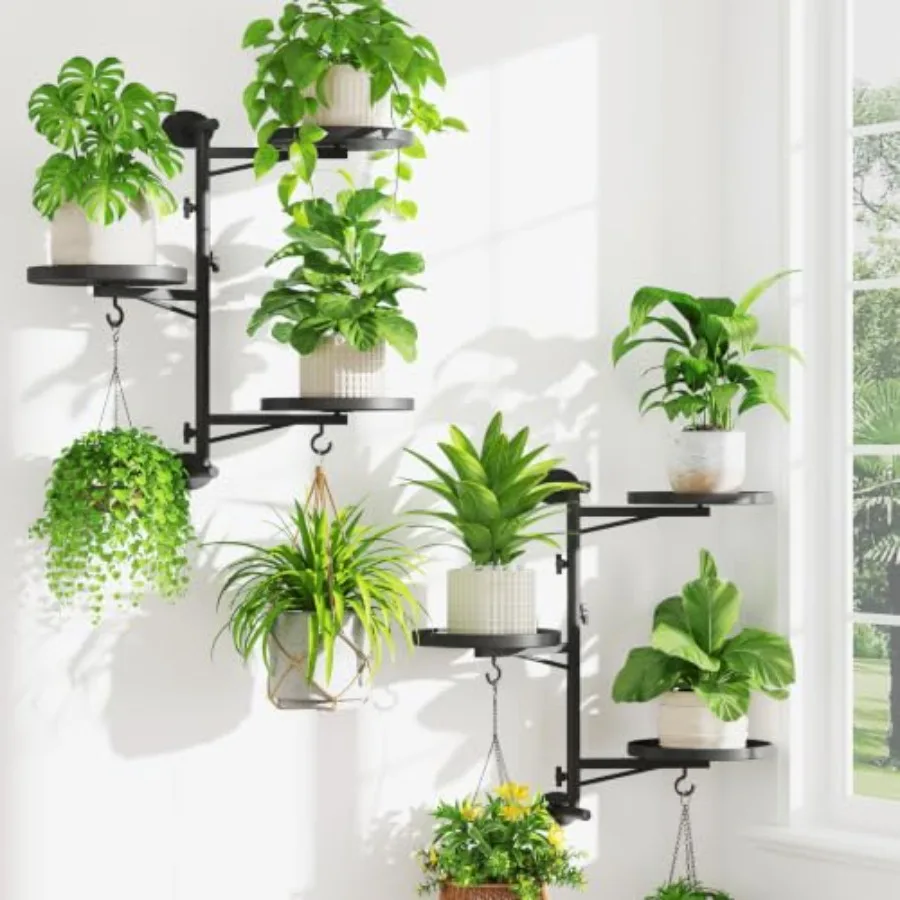 Wall Plant Holder Set of 2 for Indoor Use, Powder-Coated Steel, Black, 3-Tier Rotating Window Shelf with Adjustable Angle and S