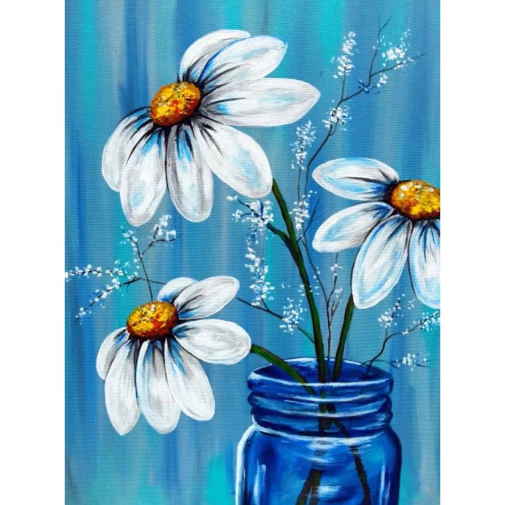Refreshing White Daisy Mason Jar Diamond Painting By Numbers DIY Digital Wall Decor for Game Room or Living Room Gift