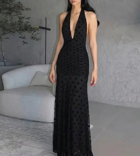 

Women Dresses 2026 Spring New Fashionable and Sexy Deep V-Neck Mesh Polka Dot Print Backless Slim Fit Lace Up Long Dress