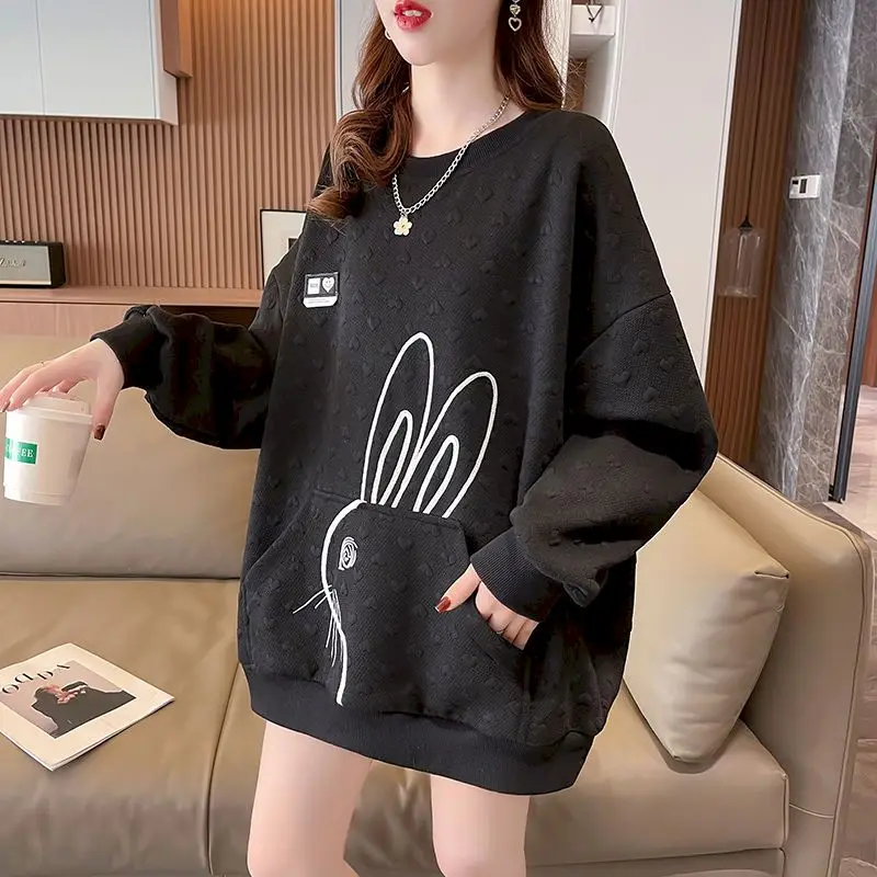 Rabbit Design Pullovers Women Casual Loose Thin Tops Spring Autumn Trend Pocket Pullover Fashion Cute Sweatshirts Y2k Clothes