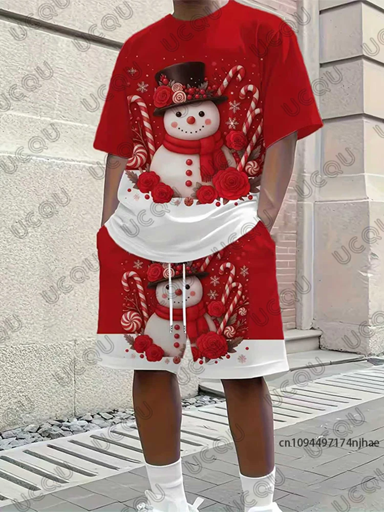 

Новые рождественские мужские комплекты, футболка с короткими рукавами и шортами с принтом снеговика и конфет, повседневный костюм, уличная одежда, комплект из 2 предметов