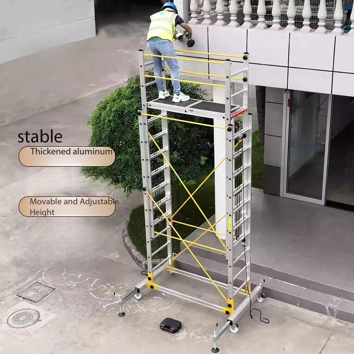 Mobile Aluminum Scaffolding Work Platform, Telescopic Folding Engineering Ladder with Stabilizer Pedals & Accessories