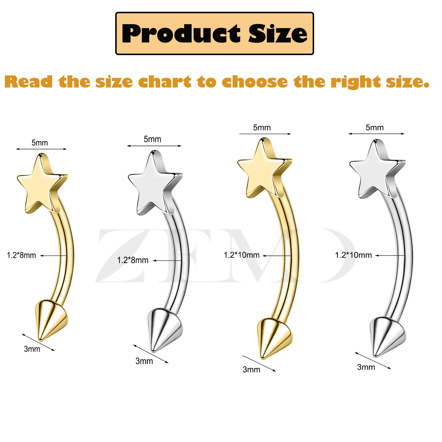 ZEMO 5PCS/Lot 16G Eyebrow Ring 316L Stainless Steel Moon Star Bridge Piercing Curved Barbell Earring Eyebrow Lip Piercing 8/10MM