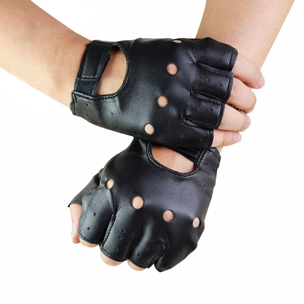 Guantes Unisex de cuero negro sin dedos, guantes sólidos para mujer, medio dedo, conducción, moda para hombres y mujeres, guantes Punk para motor de