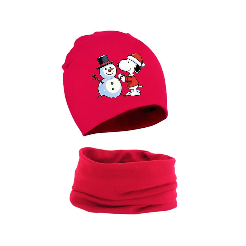 Snoopys cachecol de natal conjunto chapéu crianças 2 pçs anime vermelho malha boné cachecol dos desenhos animados inverno quente confortável algodão gorro chapéu presente