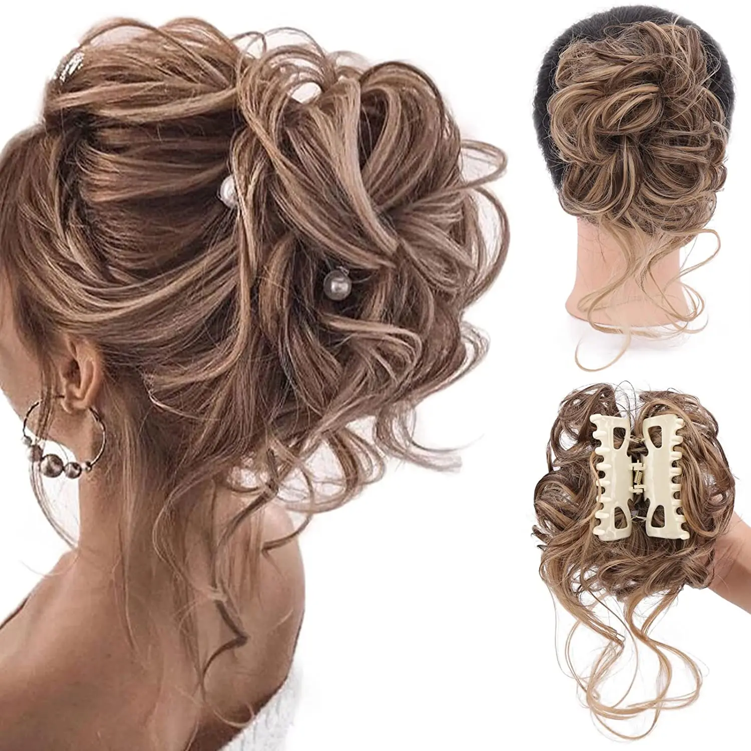 Moño de pelo ondulado rizado desordenado, Clip de garra en Tousled Updo, extensiones de cabello rizado, moño de pelo sintético, Scrunchie, pieza de cabello