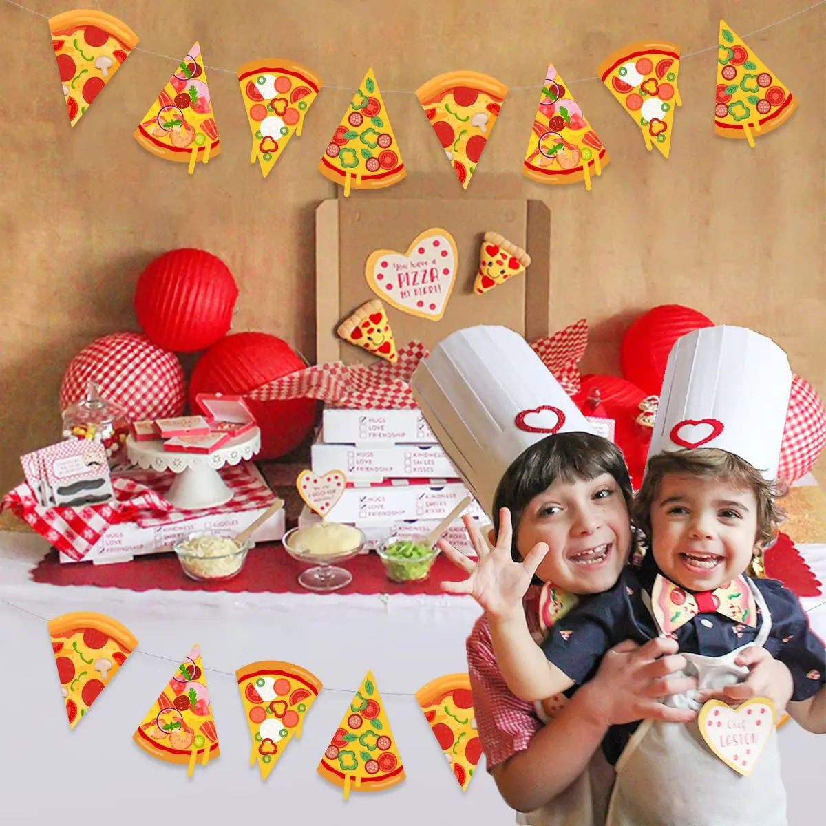 Cheereveal 3 Pieces Pizza Banner Pizza Theme Pennant Bunting Garland for Baby Shower Birthday Bachelorette Party Decorations