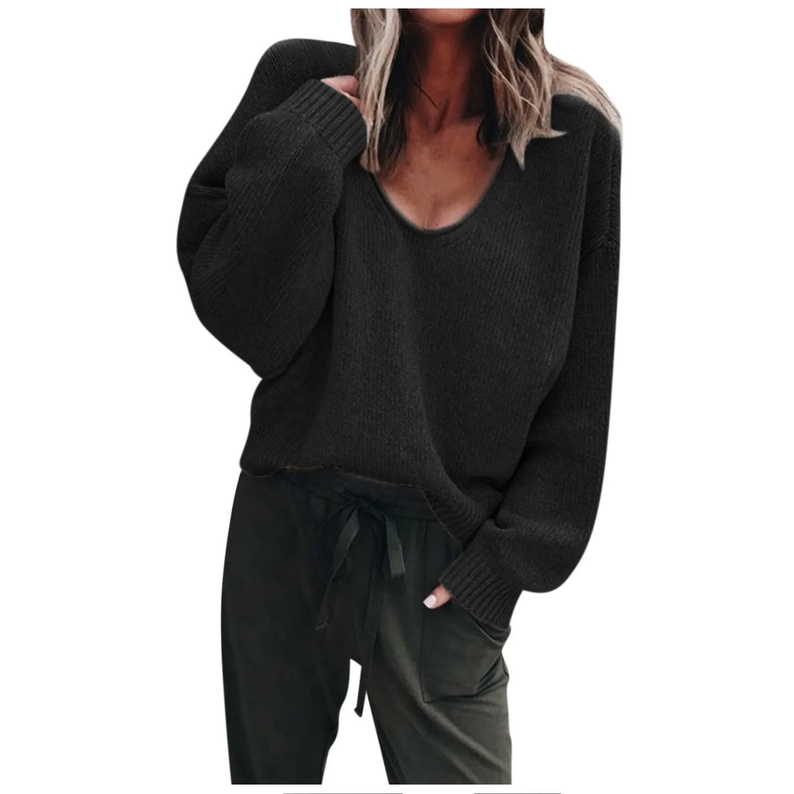 2024 Spring Knitting Women\'s Sweater Black V-neck Long Sleeve Casual Loose Sweaters Female Winter Elegant Trendy Ladies Clothes