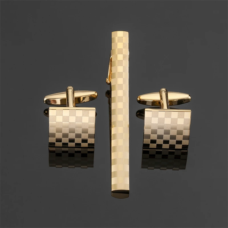 High quality checkered cufflinks with brand new brass material design fashionable men\'s wedding gift laser metal tie clip