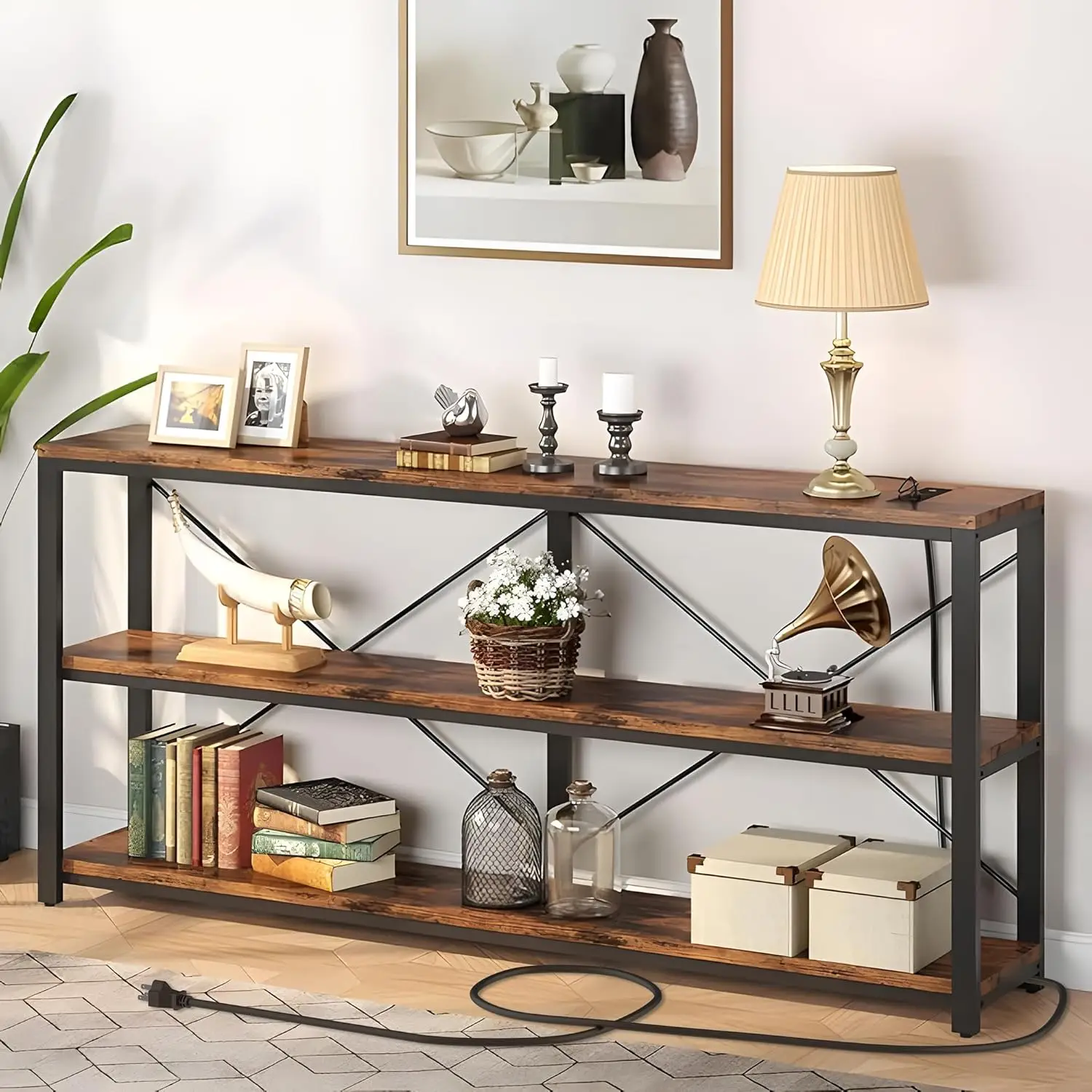 70.86'' Industrial Extra Long Sofa Table with Outlet, 3 Tiers Narrow Long Console Table with Storage Shelves and USB, Couch