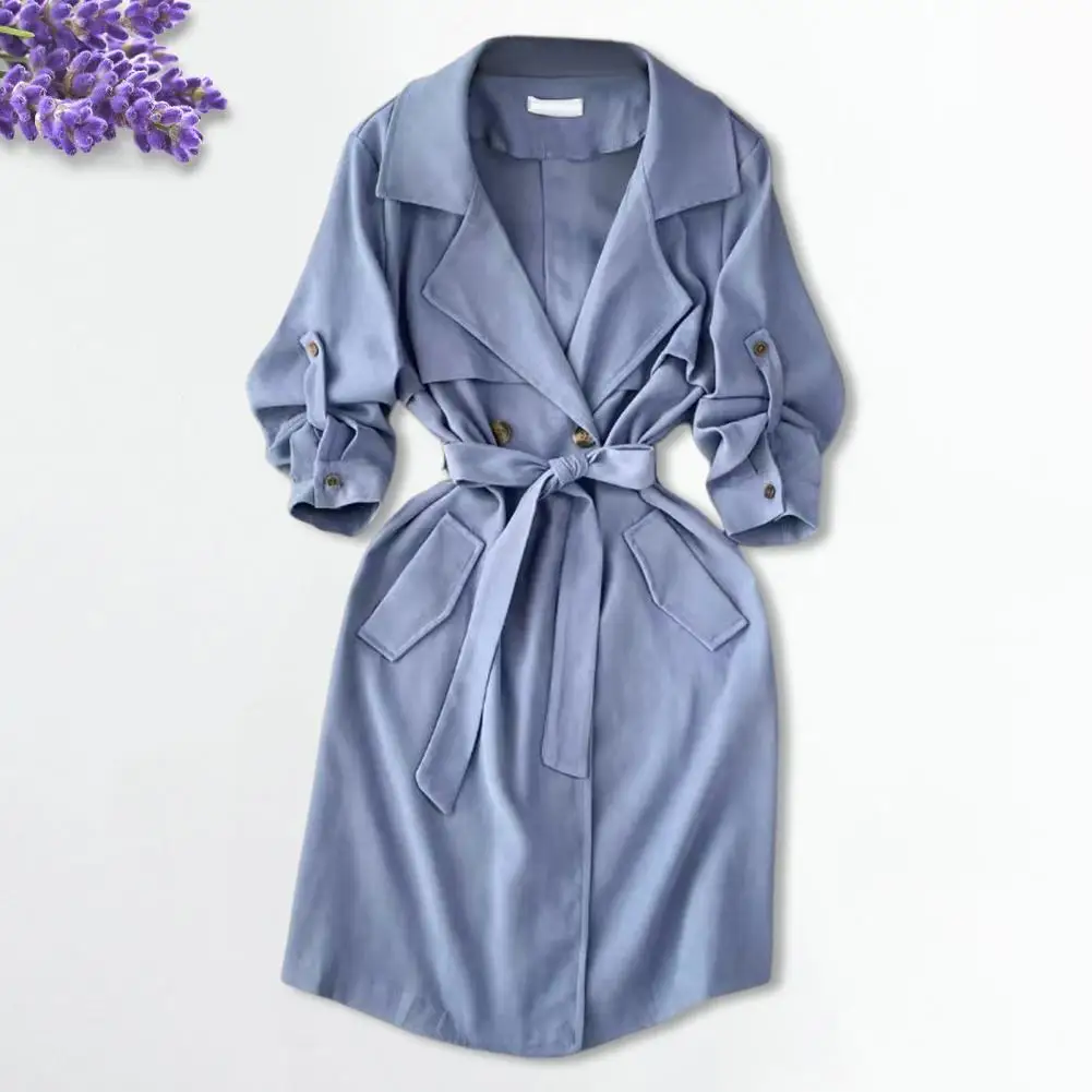 Loose Fit Dress Elegant Lace-up Overcoat Dress for Women Slim Fit V Neck Coat with Cufflink Stylish Double-breasted Fall Spring