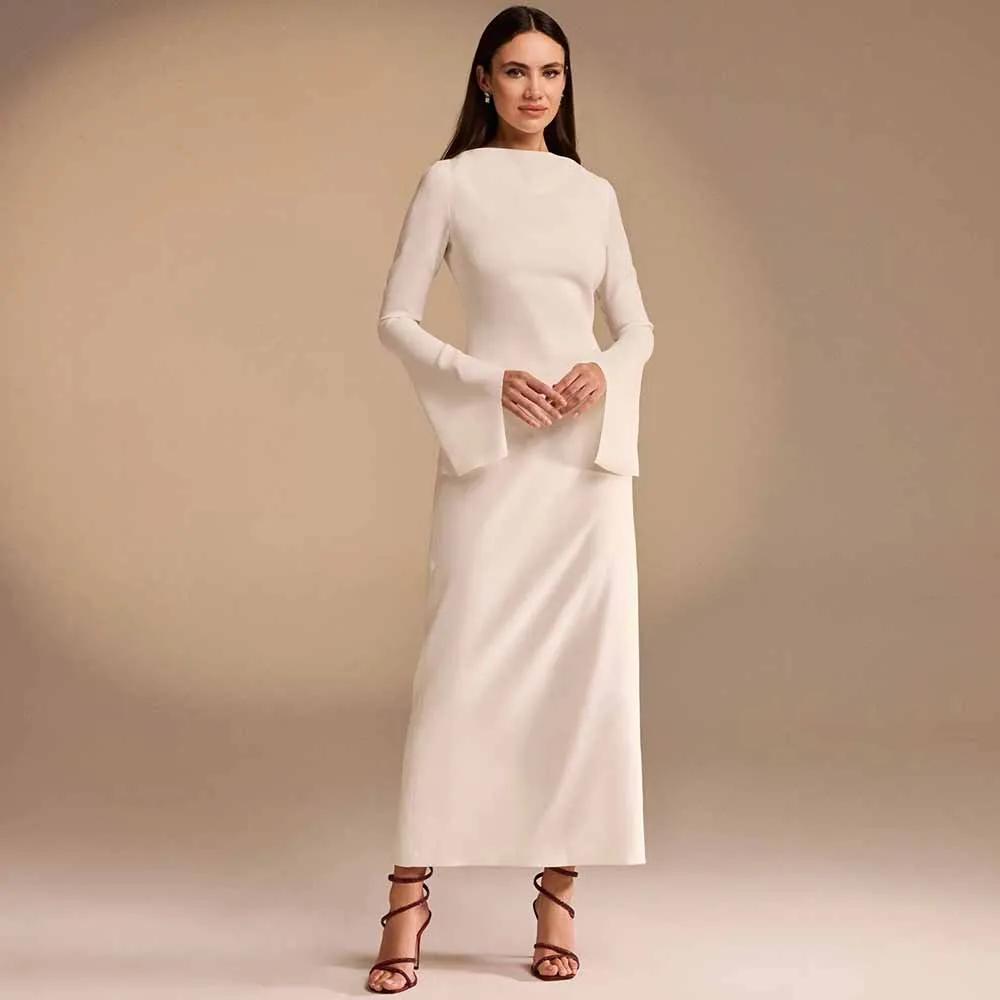 

Saudi Arabia Formal Evening Gowns Jersey Sheath/Column Celebrity Dress White Boat Neck Split Ruffles Special Occasion Dress Midi