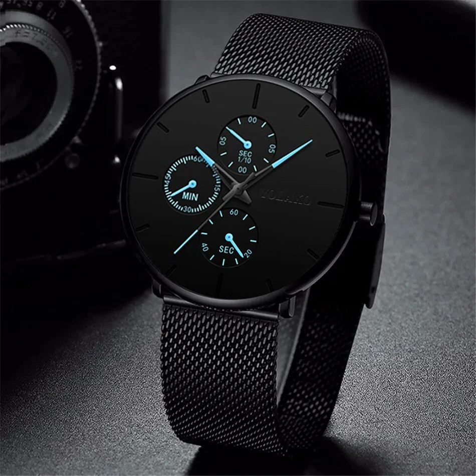 3PCS Set Fashion Mens Business Watches For Men Black Bracelet Necklace Luxury Ultra Thin Stainless Steel Mesh Belt Quartz Watch