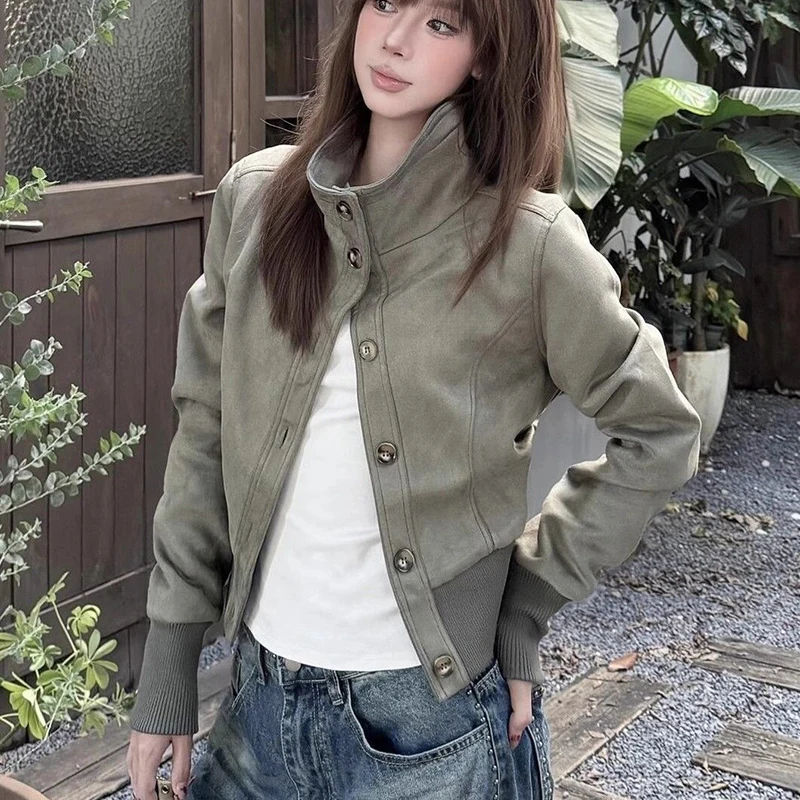 

American Vintage Street Jacket Women Slim Casual Classic Basic Coat Long Sleeve Stand Collar Single Breasted Cropped Outwear