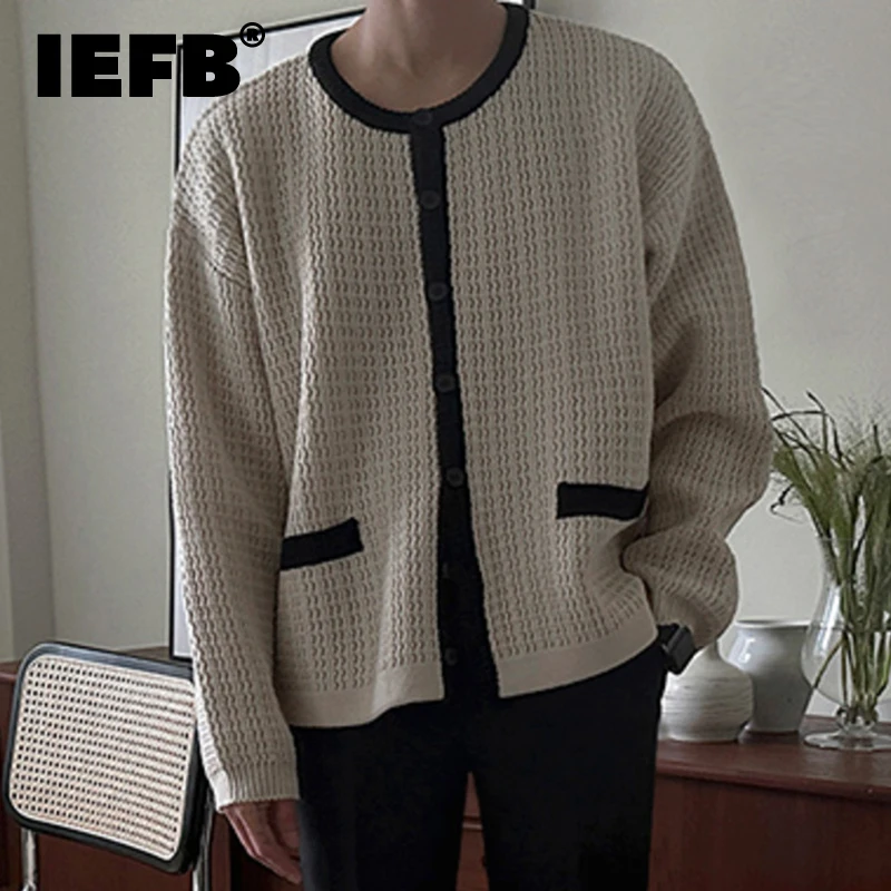 IEFB Korean Style Men's Cardigan Casual Round Collar Single Breasted Knitting Loose Contrast Color Male Sweaters Stylish 9C7995