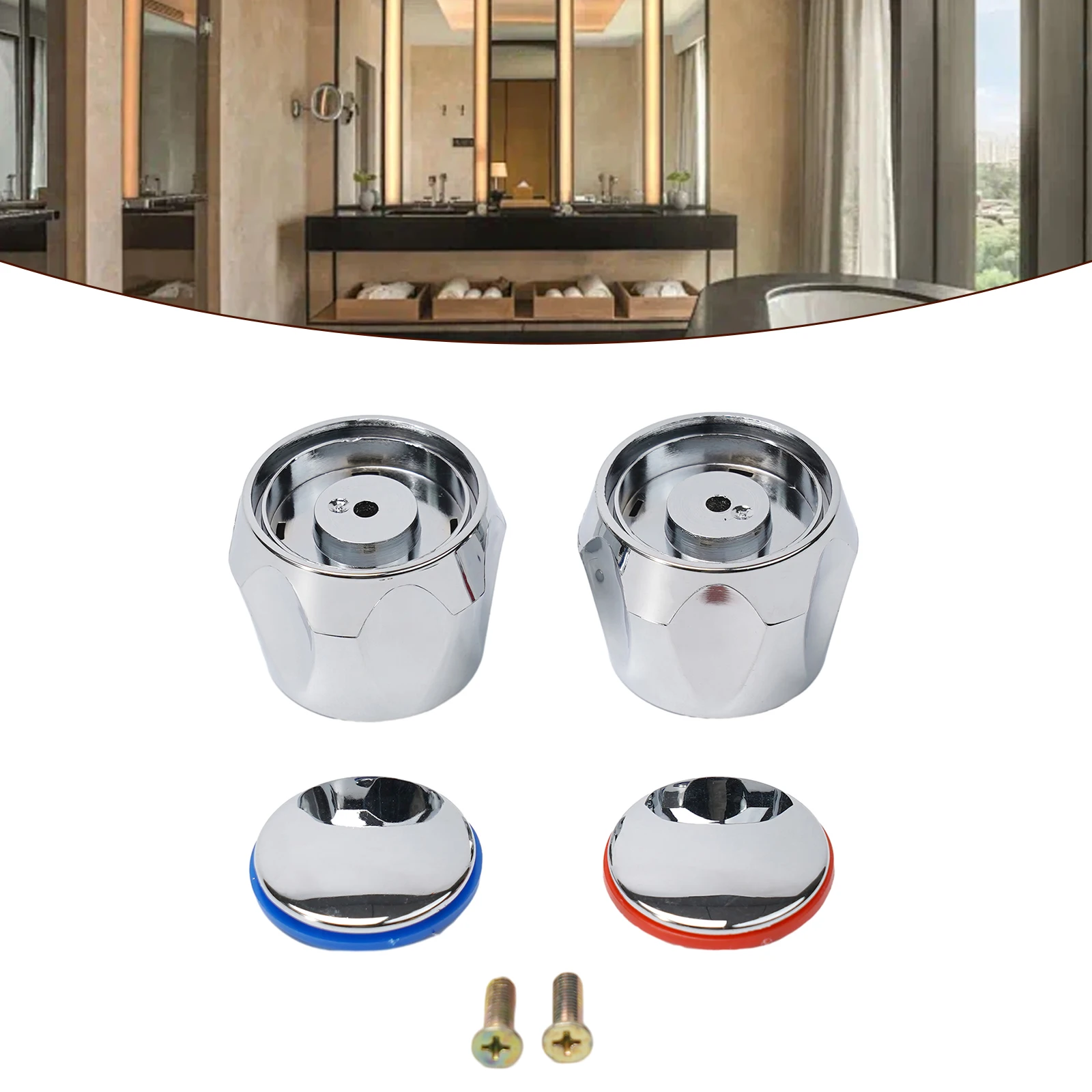 2pcs Faucet Handle Faucet Knob Handle Cold & Hot Tap Top Head Chrome Plated Replacement Set Bathroom Faucet Accessories