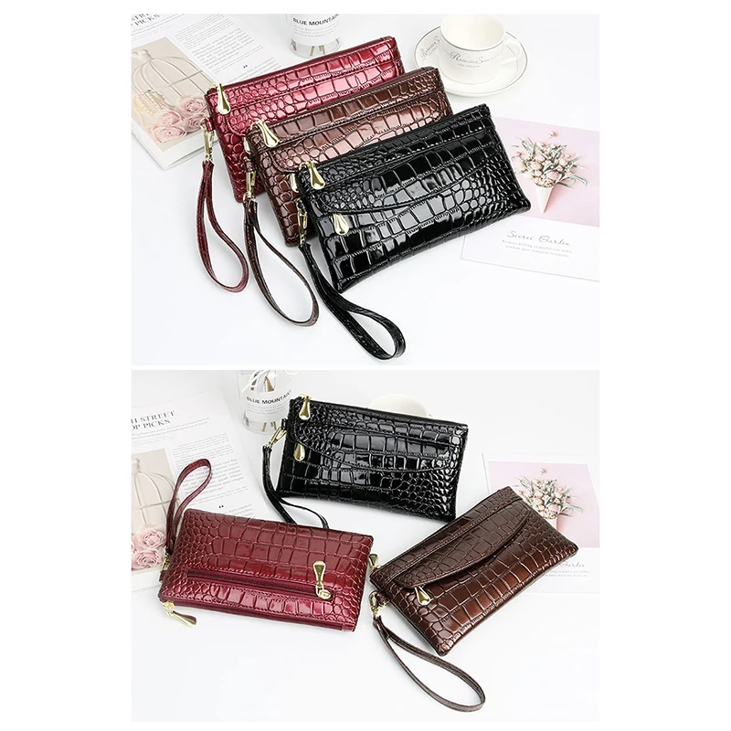 Bright Face PU Leather Casual Ladies Clutch Coin Purse Crocodile Alligator Pattern Wallet Phone Purse Women Card Holders Bag