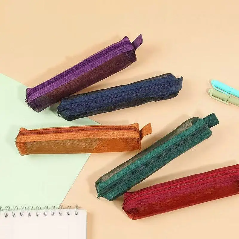 5pcs Vintage Solid Color Mesh Pencil Case Portable Stationery Storage Pouch School Stationery Supplies Student Gifts
