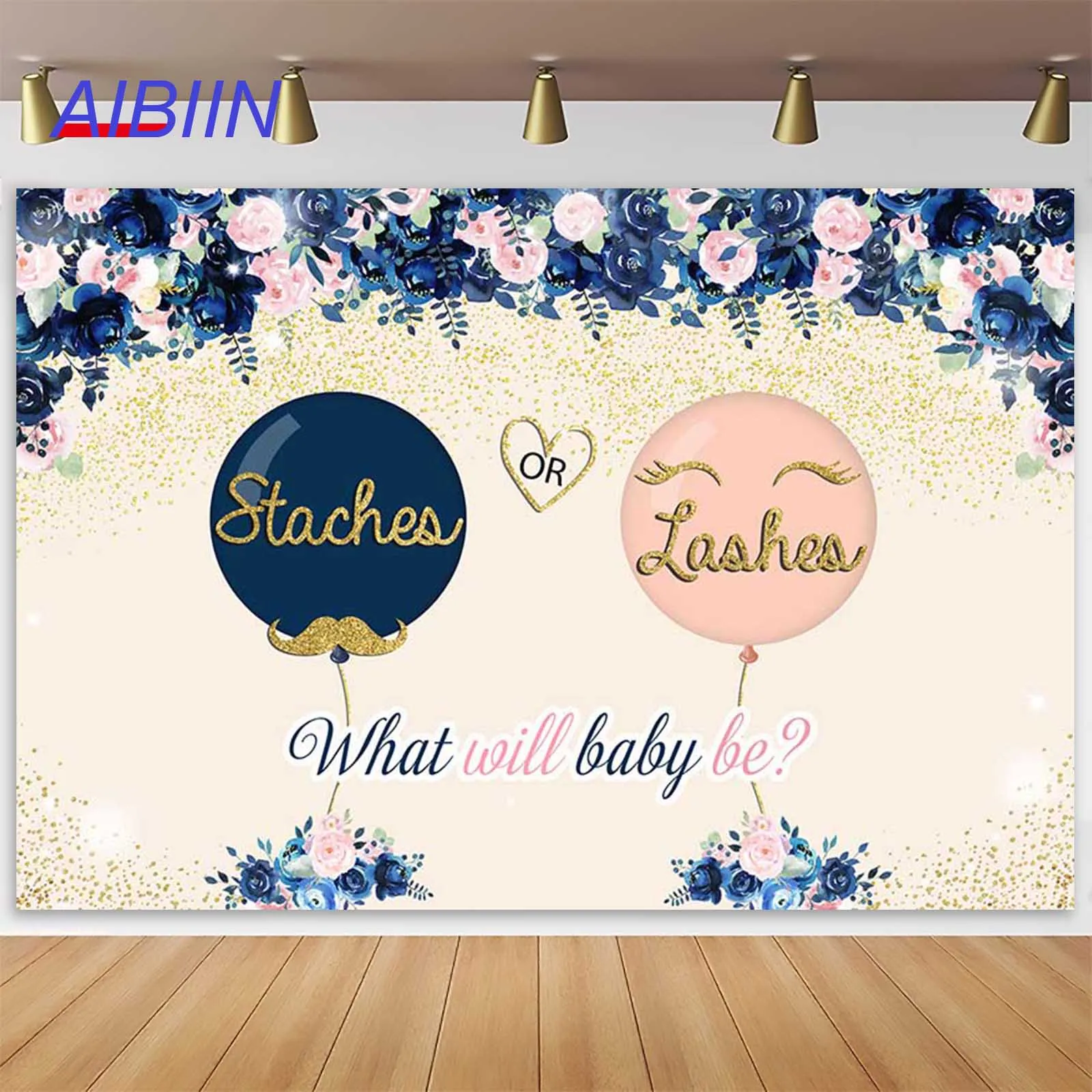 AIBIIN Gender Reveal Background He or She Staches o Lashes decorazioni per feste Navy Blue Blush Pink Floral Photography Background