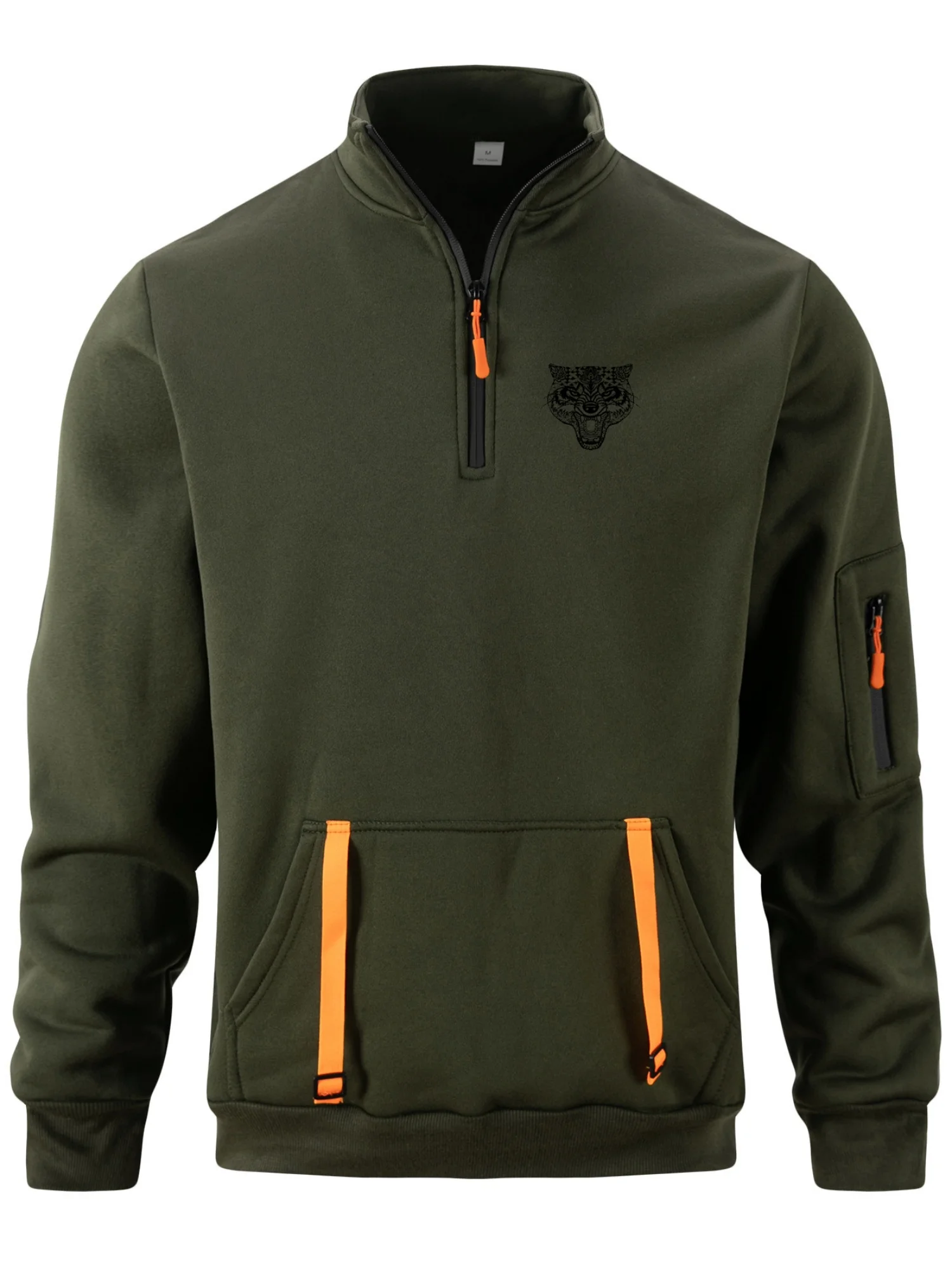 New men's spring-autumn pullover with zipper stand collar, sport print pattern on the arm, pure color top