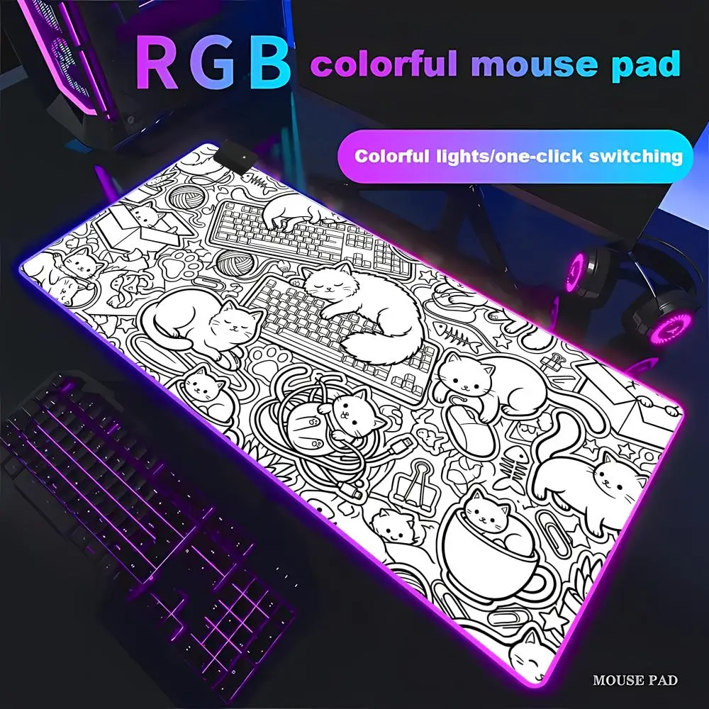 

HYBXAXC Cat and keyboard pattern Mouse Pad Animation Games RGB Gaming HD Gamer Large LED Light XXL Computer pad Non-slip Decor