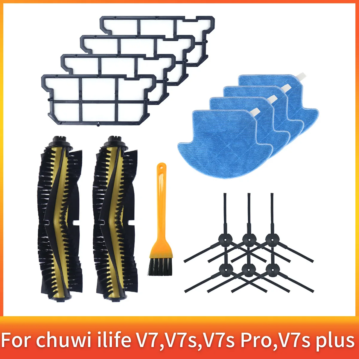 Main Brush for Chuwi ILife V7, V7s Pro, V7s Plus Robotic Vacuum Cleaner Parts Kit, Side Brush + Dust HEPA Filter + Mop Cloth