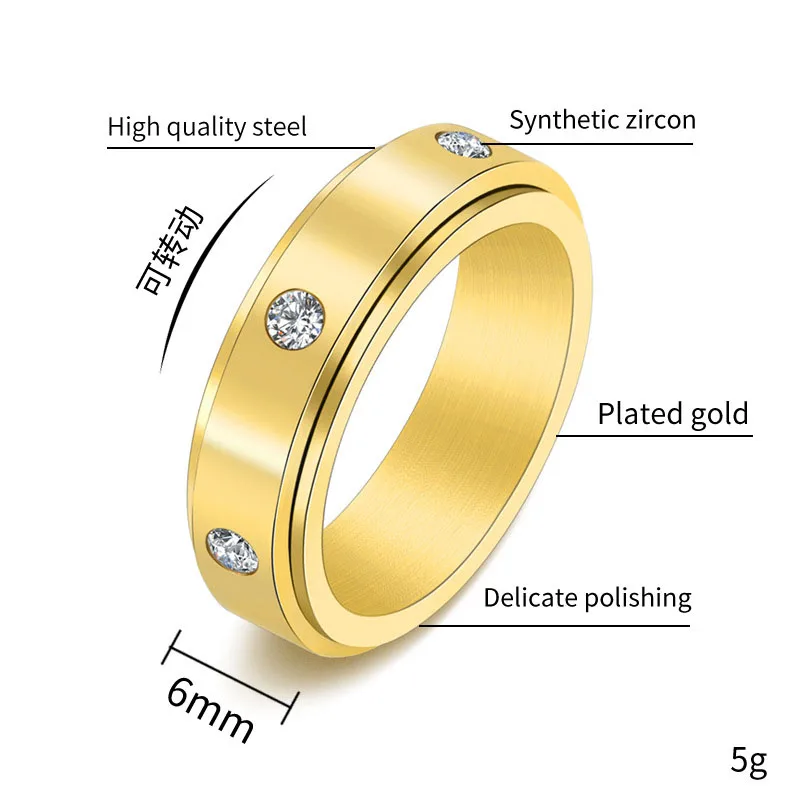 Spinning Spinner Ring For Men Women Anxiety Fidget Rings Stainless Steel Glossy Crystal Rotating Ring Anti Stress Gift B01416