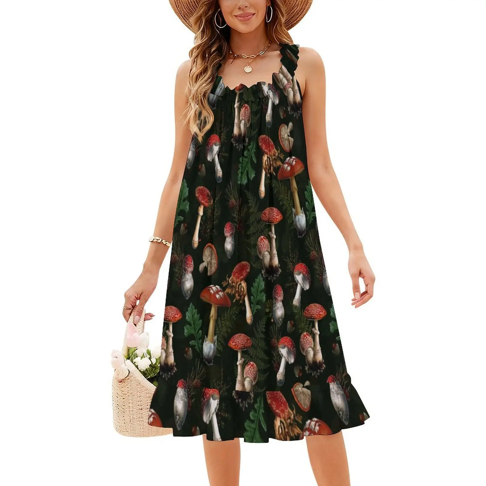 Belle robe sans manches bohème botanique noire du royaume des champignons de minuit pour femmes, robes de soirée de plage imprimées, Academia foncé