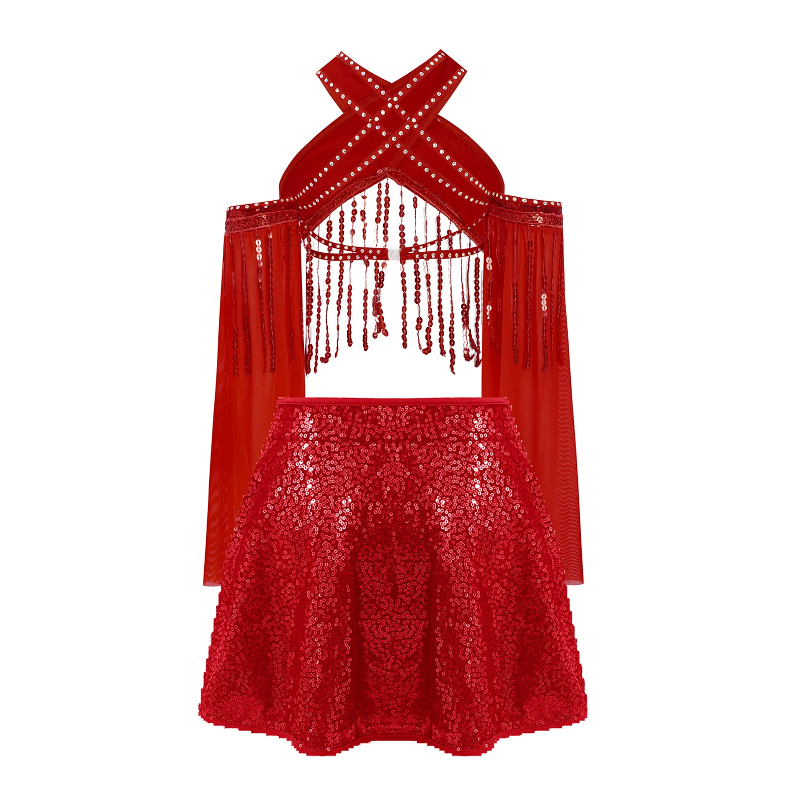 Girls Jazz Dance Stage Performance Costume Sheer Mesh Flared Sleeves Sparkling Sequin Tassels Cross Crop Top with Sequined Skirt