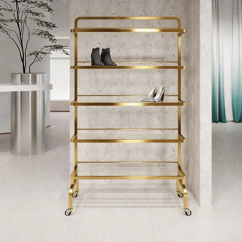 

Стеллаж для обуви в обувном магазине, напольный, от пола до потолка, из нержавеющей стали и титана, для магазина одежды, для хранения обуви, сумок, цветов и ювелирных изделий