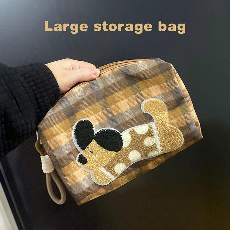 Niedlicher Hund Welpe Plaid Damen Kosmetiktaschen Make-up-Taschen mit Umhängeband Große Kapazität Reise Tragbarer Aufbewahrungsorganisator Kulturbeutel